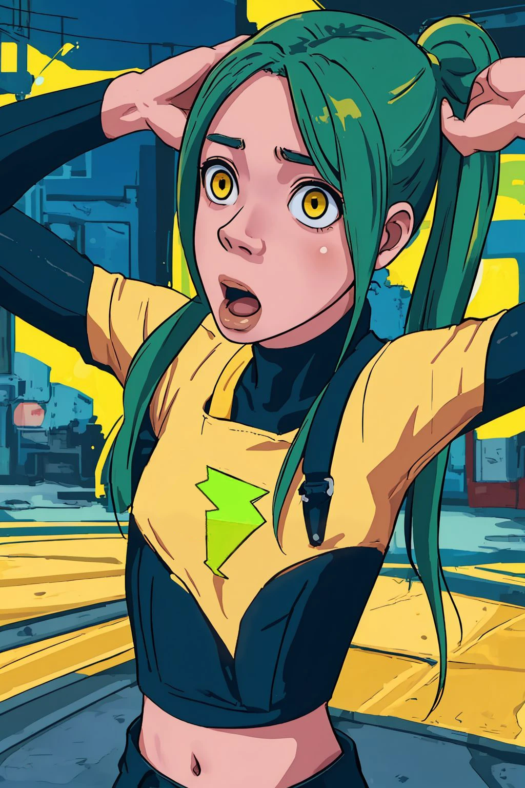 myhonest reaction, hands on head, girl, solo, yellow eyes,green twintails, yellow crop top, electricity, city alley, <lora:Zeri:0.7> <lora:mahonest-01-000050:1>