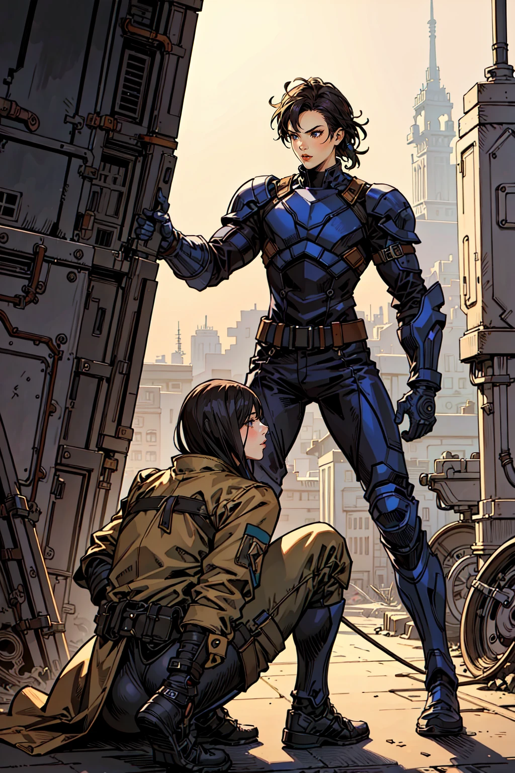(masterpiece),(best quality:1.6), (ultra-detailed),girl with man, combat, mechanic,detailed background,