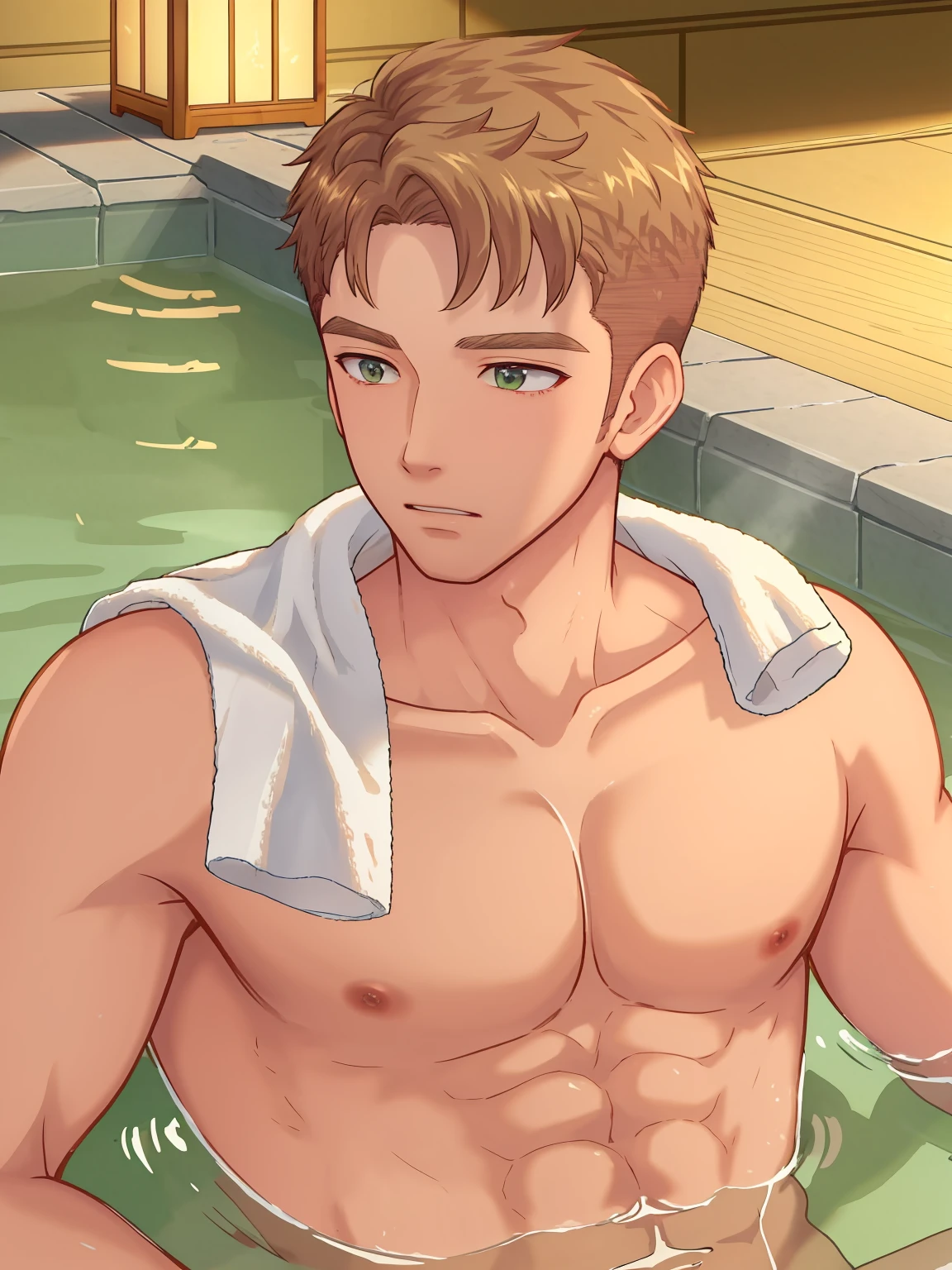 yoshinori,bath towel,upper body,muscular,1male,onsen,masterpiece, best quality, illustration,masterpiece,best quality,High resolution, hignity 8k wallpaper,detailed background,beautiful detailed water,fluttered detailed splashs,intricate detail,highres,�(detailed�light),((an�extremely�delicate�and�beautiful)),dramatic_shadow,ray_tracing  <lora:yoshinori :1>