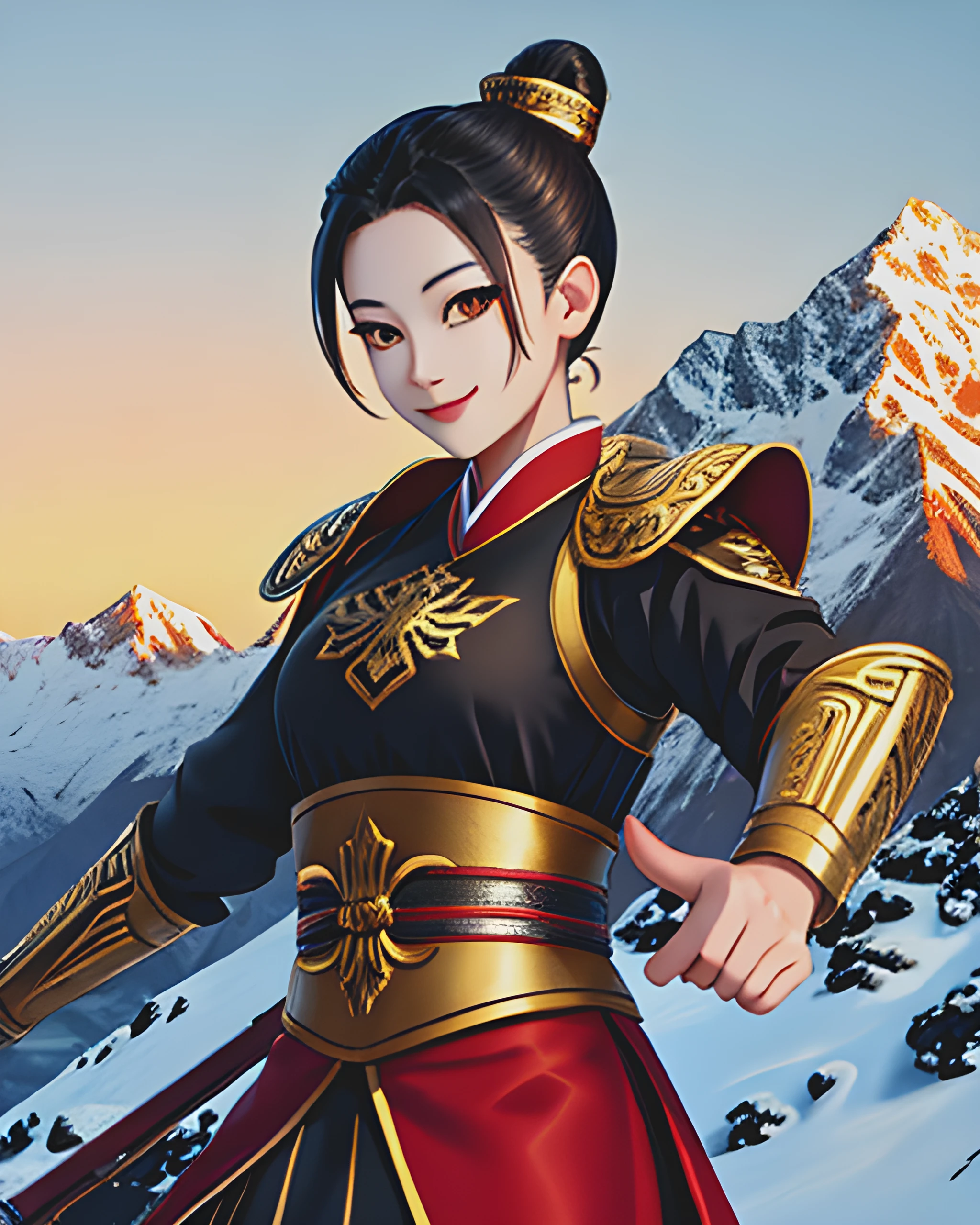 woman wearing chinagen, action pose, bright smile, updo, (gold eyes)1.1, mountain range background, extremely detailed clothing, featured on pixiv, masterpiece, highest quality, 8k,