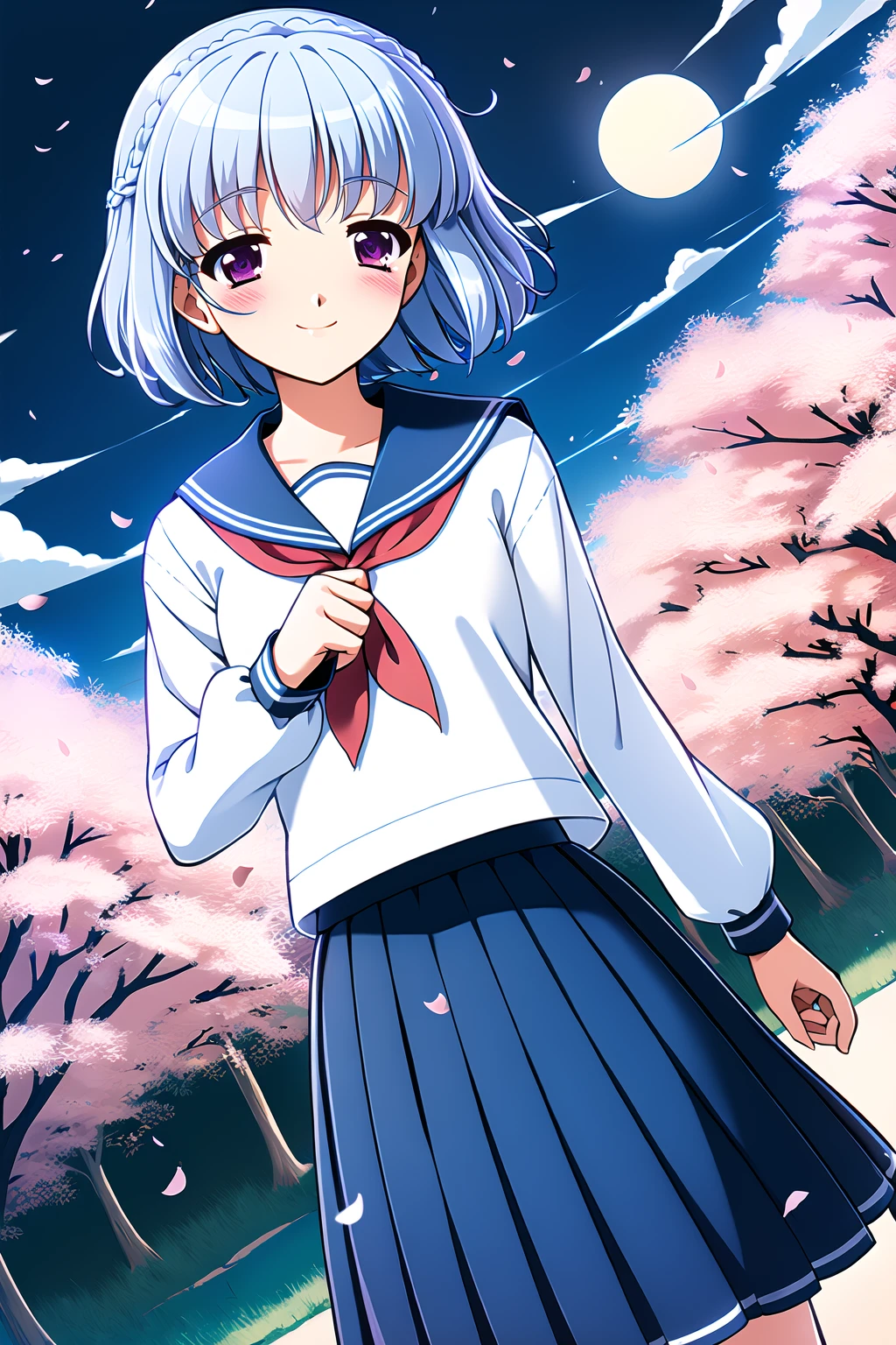((masterpiece, high quality, best quality)),
1girl, full moon, petals, serafuku, night, short hair, light blue hair, night sky, smile, cherry blossoms, dutch angle, cloud, wind, long sleeves, outdoors, purple eyes, braid, moonlight, pleated skirt,blush, looking at viewer, bangs,
<lora:toma-style_v1.0:1.0>
