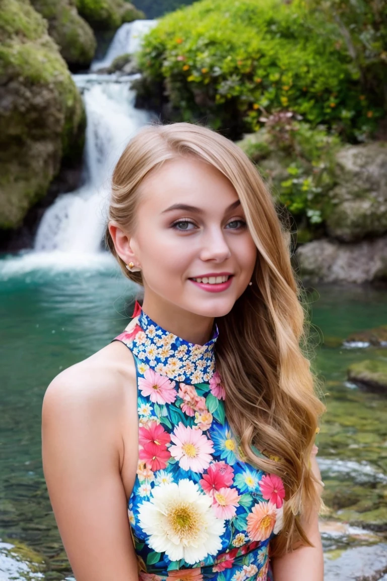 A stunning intricate full color portrait of a woman,wearing a high neck floral dress, flower in hair, waterfall in background, smiling, epic character composition,by ilya kuvshinov, alessio albi, nina masic,sharp focus, natural lighting, subsurface scattering, f2, 35mm, film grain , blonde, 28 years old <lora:NancyAce:1>