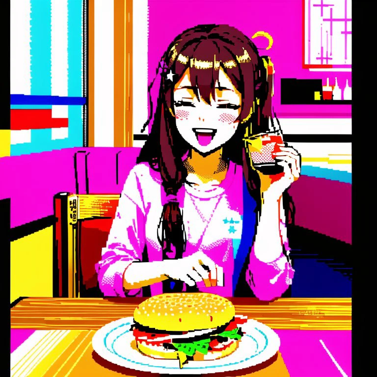 <lora:zxs:1> , zxs, limited palette, 1girl, brown hair, burger, chair, closed eyes, cup, doradora oekaki, drinking glass, eating, eyebrows visible through hair, food, hair between eyes, hair ornament, highres, holding, holding food, indoors, long hair, medium hair, official alternate costume, open mouth, pink shirt, restaurant, saliva, shirt, smile, solo, star \(symbol\), star hair ornament, table, tray, virtual youtuber