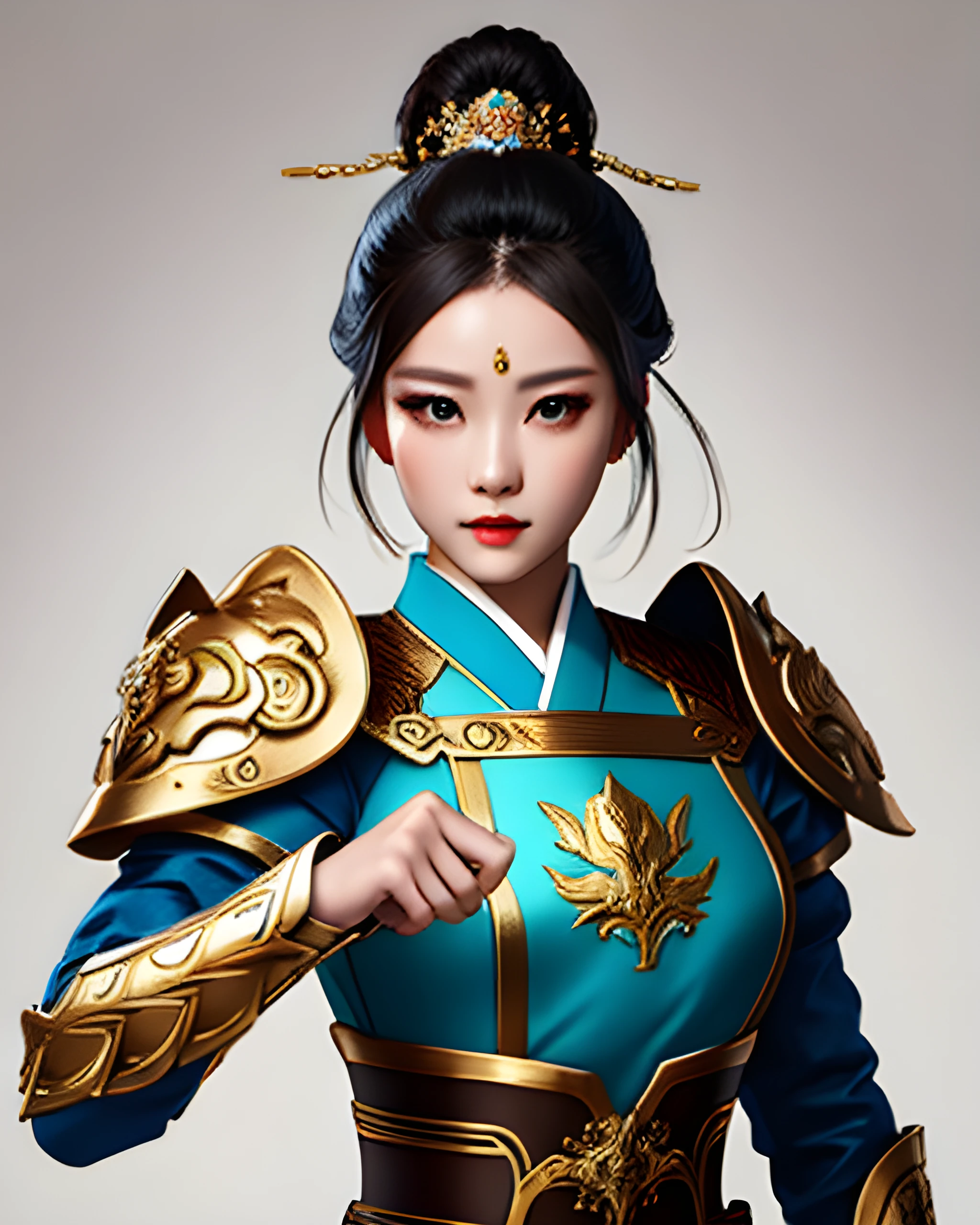 woman wearing chinagen, waist up portrait, action pose, white and turquoise, gold embellishments, extremely detailed clothing, featured on pixiv, masterpiece, highest quality, 8k,