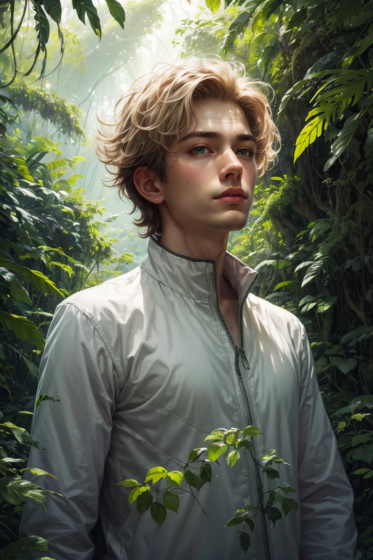 realistic, (absurdres, highres, ultra detailed), 1 male, solo, mature,  broad shoulders, handsome, angular jaw,  BREAK, looking at viewer, short blonde hair, blue eyes, long sleeves, forest, trees full of greenery, fluttering leaves, natural light and shadow, Jungle exploration, lots of plants, depth of field, <lora:more_details:0.3>,  <lyco:GPTS4 dreamwave full_478773:0.6>,<lyco:GoodHands-beta2:1>,