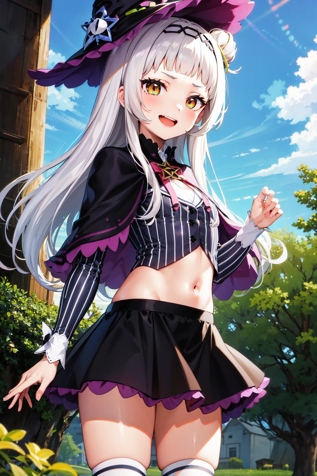 masterpiece, best quality, highres, aashion, 1girl, long hair, (single hair bun:1.1), short eyebrows, small breasts, hairband, witch hat, pink bowtie, black capelet, pinstripe shirt, long sleeves, midriff, black skirt, miniskirt, striped thighhighs, aged down, <lora:murasaki_shion_v1:0.75>, cowboy shot, standing, outdoors, smile, upper teeth,