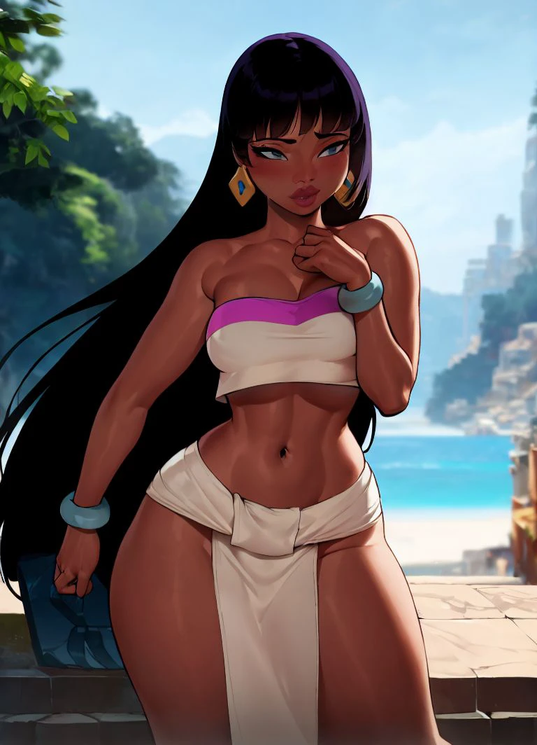 masterpiece, highres,1girl, <lora:chel_eldorado-11:1> chel_eldorado, (tube top,midriff, loincloth:1.2)
,<lora:thiccwithaQ_v2-29:1> thiccwithaq
