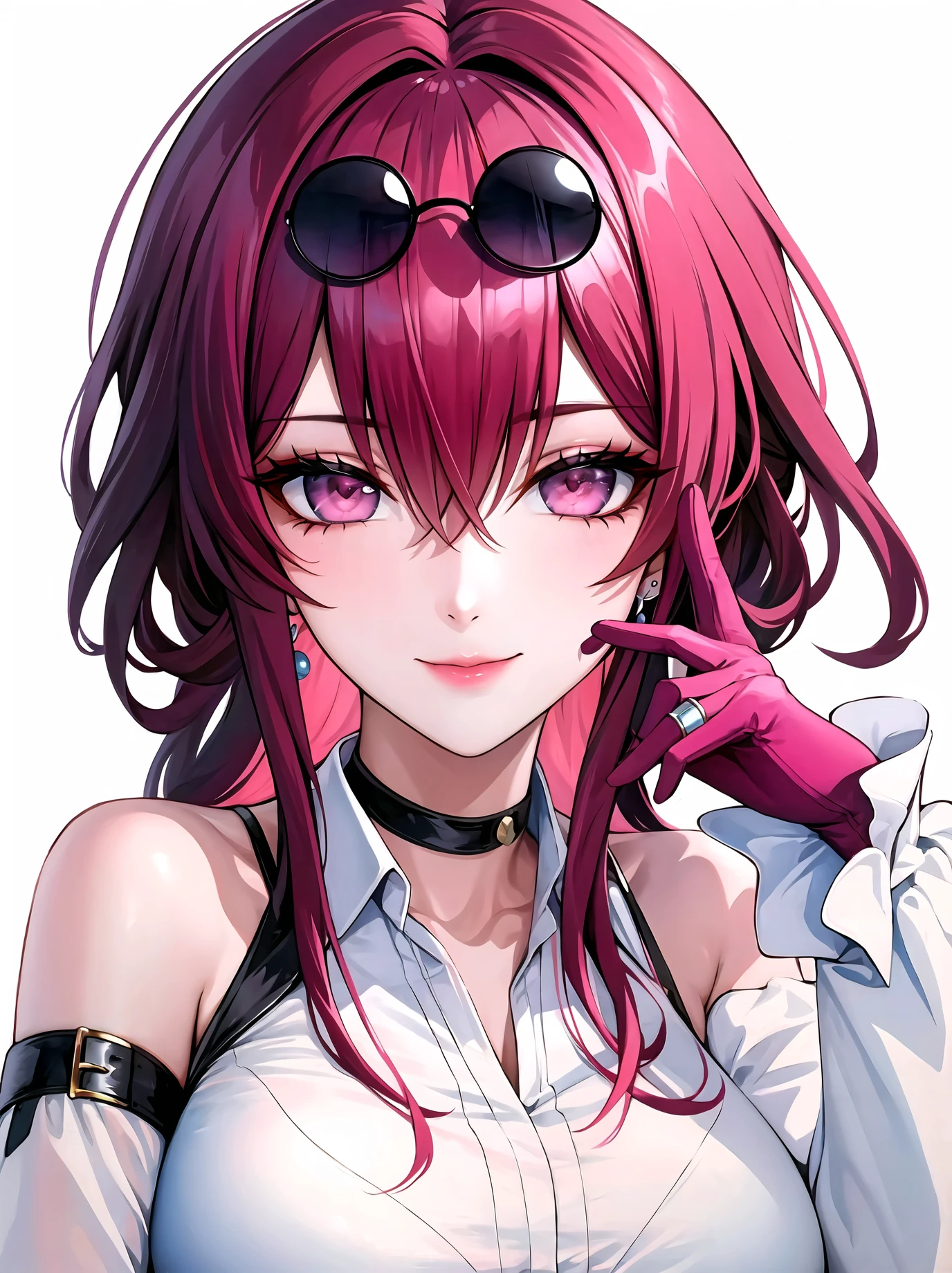 1girl, jewelry, solo, earrings, gloves, eyewear on head, sunglasses, white background, looking at viewer, smile, long hair, ring, bangs, red hair, white shirt, closed mouth, shirt, pink eyes, hand on own face, long sleeves, upper body,large breasts, choker, hair between eyes, hand up, round eyewear, bare shoulders,watercolor \(medium\),star-kafka,(shiny skin),(mature female:1.2),<lora:kafka-v2-naivae-final-6ep:0.7>