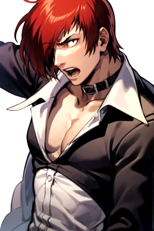 <lora:IoriYagami-09:0.75> , iorikof, solo, open mouth, simple background, shirt, 1boy, collarbone, jacket, white shirt, upper body, male focus, red hair, hair over one eye, transparent background, pectorals, no pupils, blank eyes, pectoral cleavage