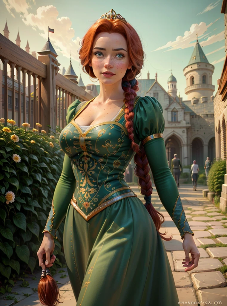 (FionaWaifu:1), 1girl, cute, cute pose, (long hair, tiara, red hair, braid, blue eyes, freckles, makeup), (green dress:1), curvy, looking at viewer, smile, :D, breast focus, leaning forward, walking,
(detailed ladscape, castle, kingdom, garden, sky, flowers:1.2), (background:1), (dynamic_angle:1.2), (dynamic_pose:1.2), (rule of third_composition:1.3), (dynamic_perspective:1.2), (dynamic_Line_of_action:1.2), solo, wide shot,
(masterpiece:1.2), (best quality, highest quality), (ultra detailed), (8k, 4k, intricate), (full-body-shot:1), (Cowboy-shot:1.2), (50mm), (highly detailed:1.2),(detailed face:1.2), detailed_eyes,(gradients),(ambient light:1.3),(cinematic composition:1.3),(HDR:1),Accent Lighting,extremely detailed,original, highres,(perfect_anatomy:1.2),
<lora:FionaPrincess_Character:0.6>