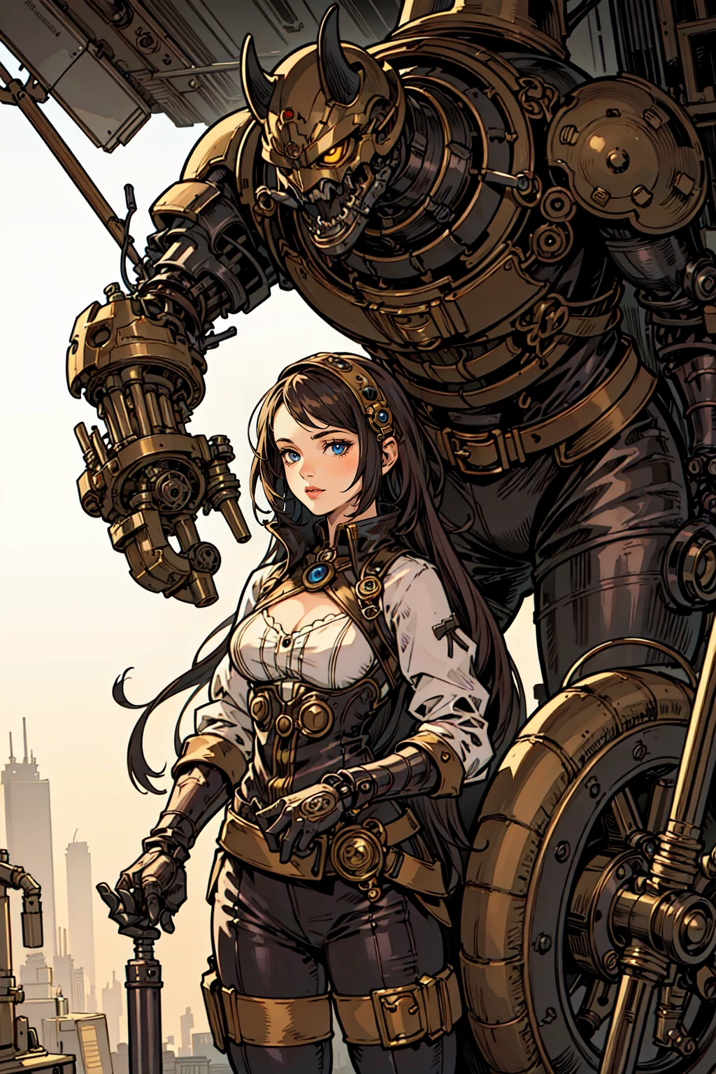 (masterpiece),(best quality:1.6), (ultra-detailed),girl with man,mechanical scape, steampunk ,detailed background,