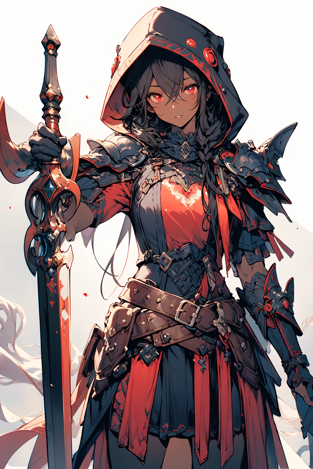 [(white background:1.5)::5],(masterpiece:1.2), best quality,game cg,
1girl, weapon, solo, red eyes, hood, black hair, outdoors, looking at viewer, dark skin, dark-skinned female, breasts, standing, long hair, belt, scabbard, bangs, hood up, shoulder armor, closed mouth, sheathed, 
<lora:fantasy_20230707233406-000012:1>