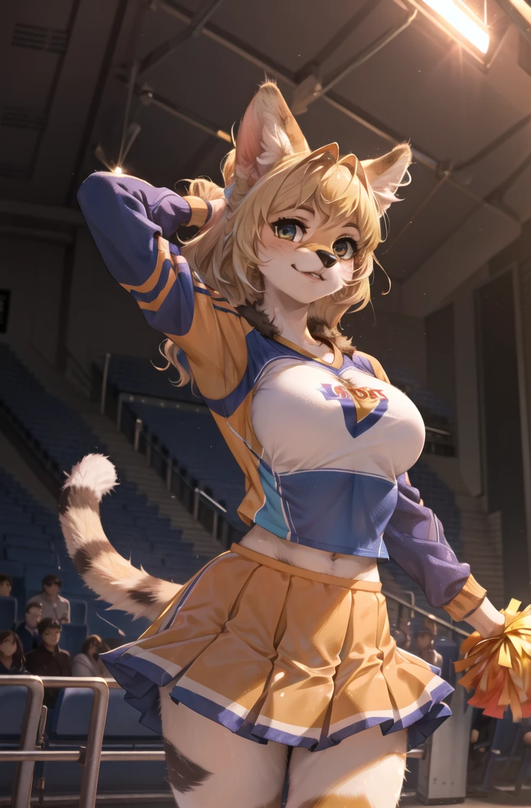 absurdres, highres, ultra detailed, masterpiece, sharp shading
furry female,solo,(high detail fur:1.2),cinema angle,8K,game CG,perform,gym
perfect lighting,servalcat,Cheerleading uniform,looking at viewer,blonde
<lora:servalcat:0.7> <hypernet:furry_kemono:1>