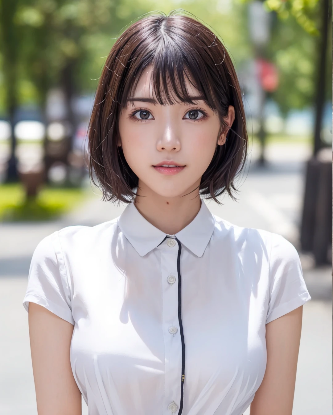 pureerosface_v1:0.3, best quality, photorealistic, 8k, high res, full color, 1girl, woman, 20 years old woman, (closed mouth:1.73), (skindentation), (portrait:0.6), trees, park bench, daylight, ((park background:1.52)), full color, ((buttonedwhiteshirt:1.78)), looking at viewer:1.8, (1girl eyes looking at viewer:1.55), (short hair, brownhair, partedhair:1.45), (bokeh), <lora:AAV-kaede:0.65>