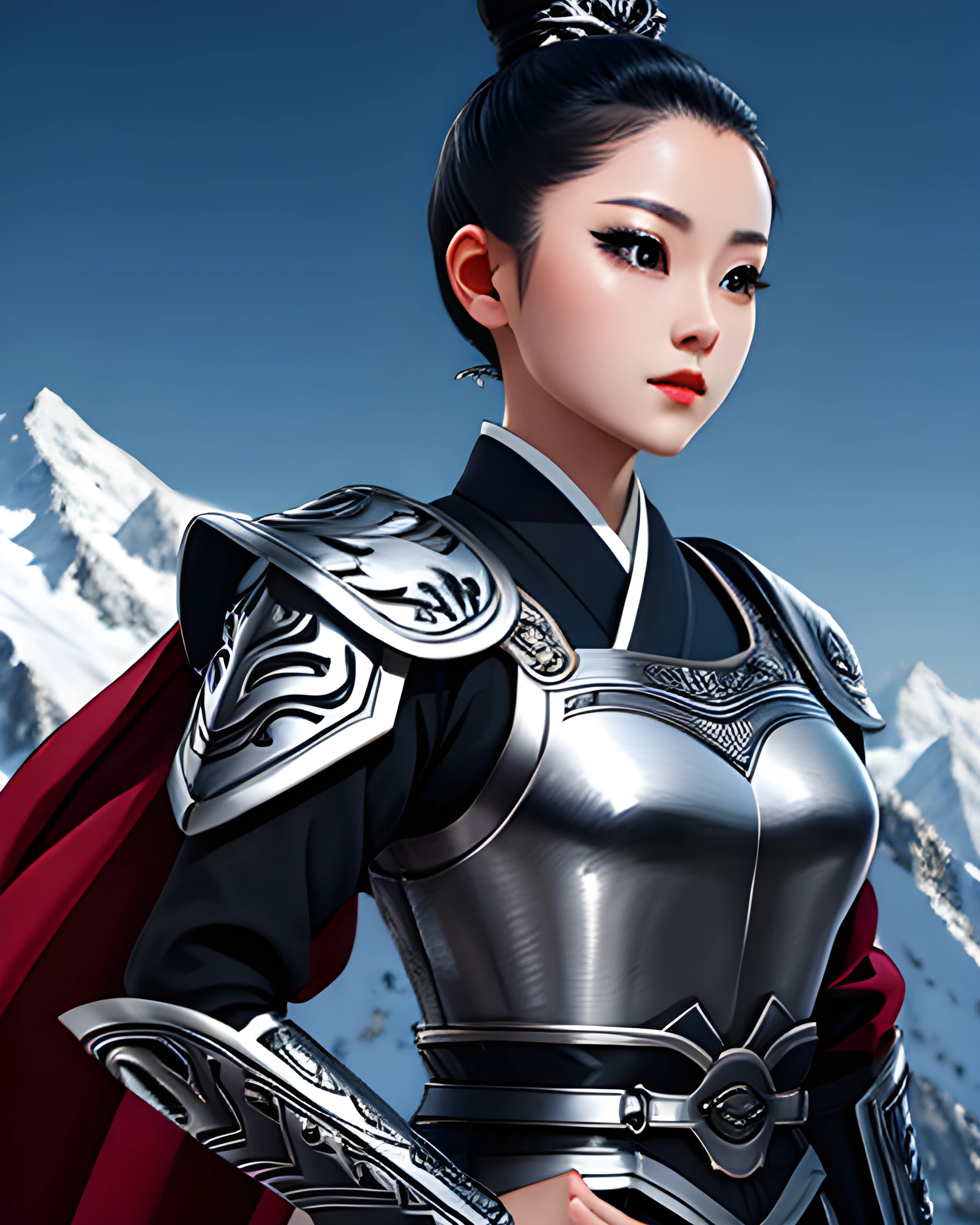 woman wearing chinagen, waist up portrait, action pose, (low angle), updo, mountain range background, (blue gold and silver)1.2, extremely detailed clothing, featured on pixiv, masterpiece, highest quality, 8k,