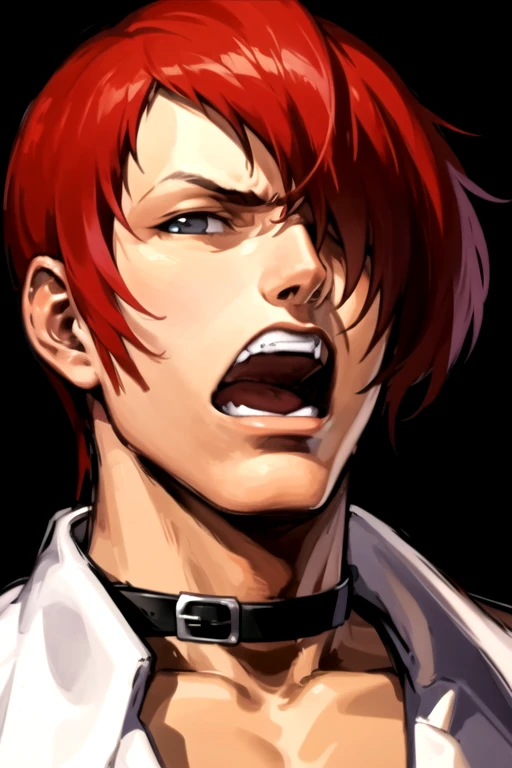 <lora:IoriYagami-09:0.75> , iorikof, solo, looking at viewer, open mouth, simple background, 1boy, male focus, red hair, teeth, choker, hair over one eye, collar, black choker, black background, portrait