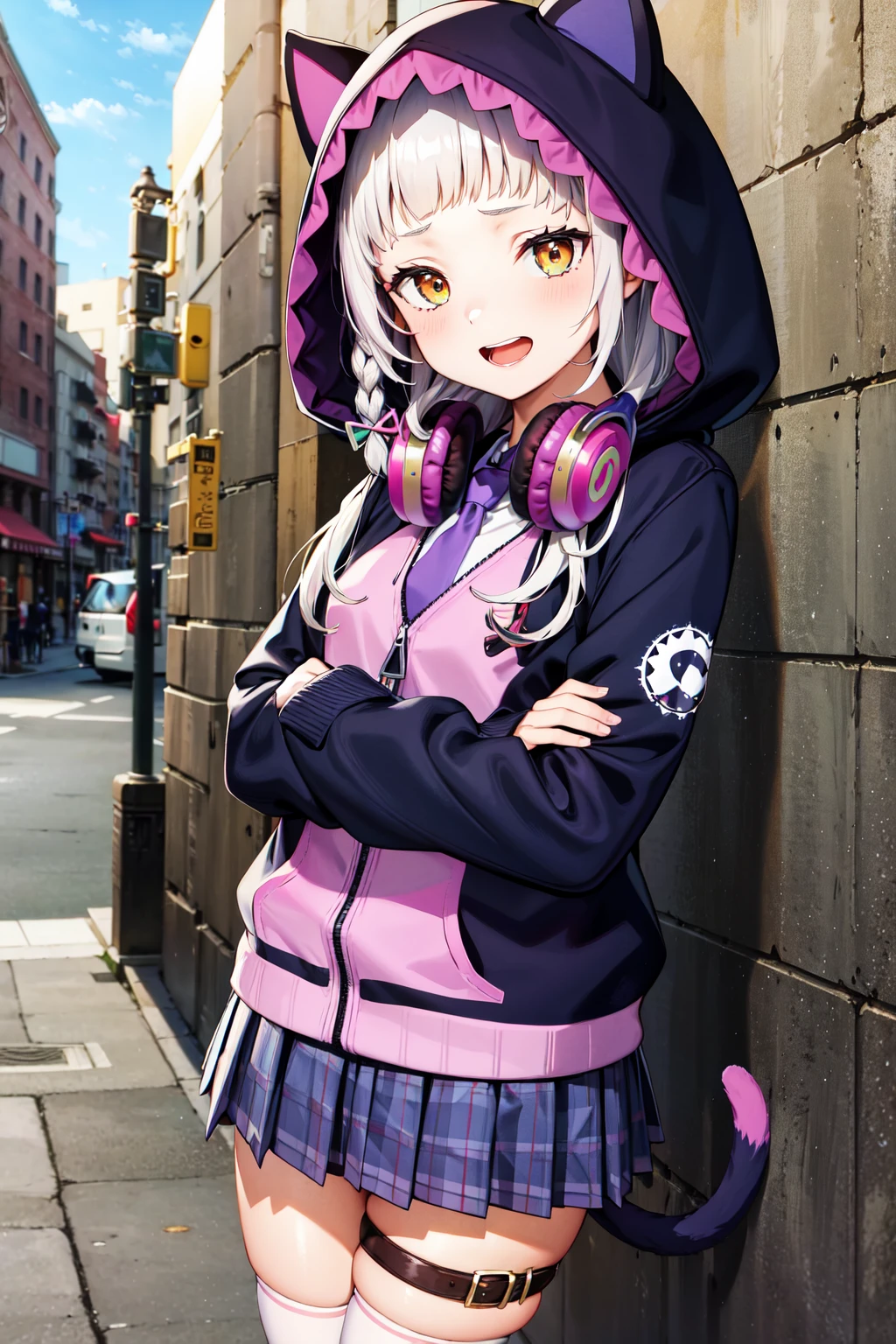 masterpiece, best quality, highres, ddshion, 1girl, long hair, braid, headphones around neck, cat tail, hood up, animal hood, hooded jacket, pink bow, purple necktie, long sleeves, sleeves past wrists, purple skirt, pleated skirt, white thighhighs, thigh strap, <lora:murasaki_shion_v1:0.75>, crossed arms, street, smile, open mouth,