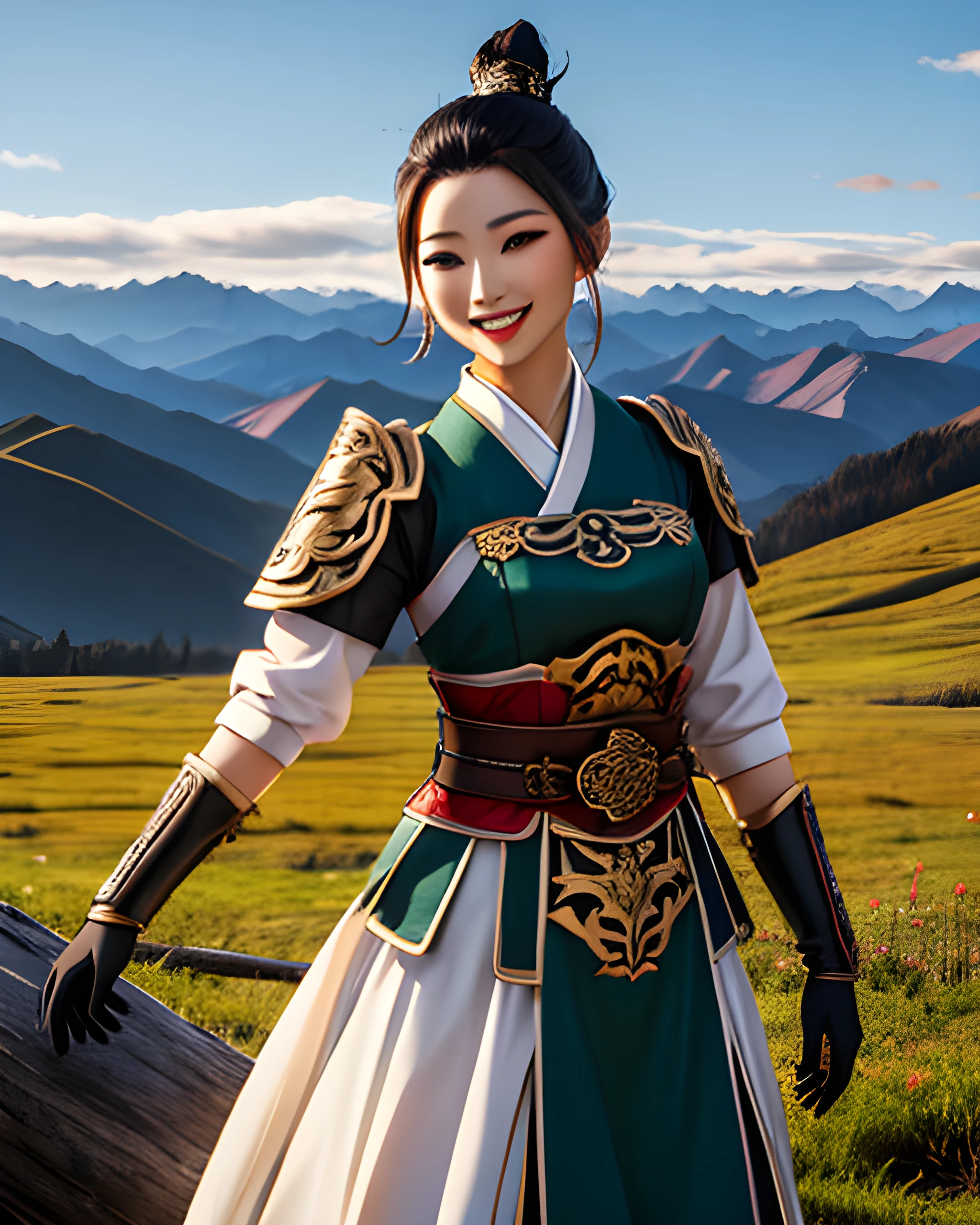 woman wearing chinagen, action pose, bright smile, updo, (light grey eyes)1.1, green mountain range background, extremely detailed clothing, featured on pixiv, masterpiece, highest quality, 8k,