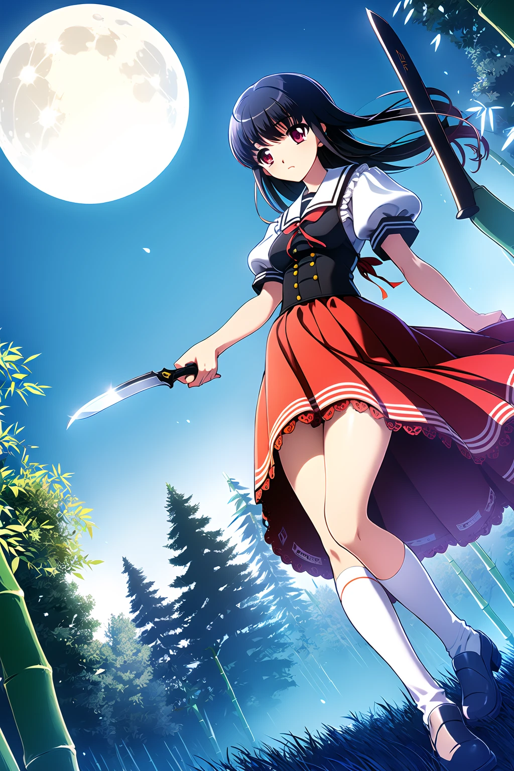 ((masterpiece, high quality, best quality)),
1girl, full moon, knife, night, bamboo forest, weapon, red skirt, black hair, red eyes, clenching jaw, hair ribbon, wind, from below, dual wielding, holding, frills, dutch angle, long skirt, night sky, school uniform,
<lora:toma-style_v1.0:1.0>
