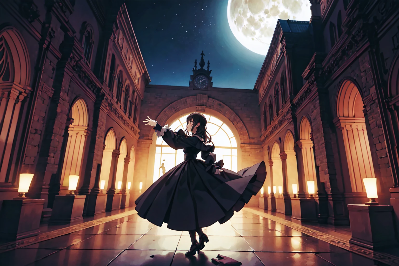 (masterpiece),(best quality:1.6), (ultra-detailed),gothic, girl dancing with man, moon,ghost in grave, wide shot