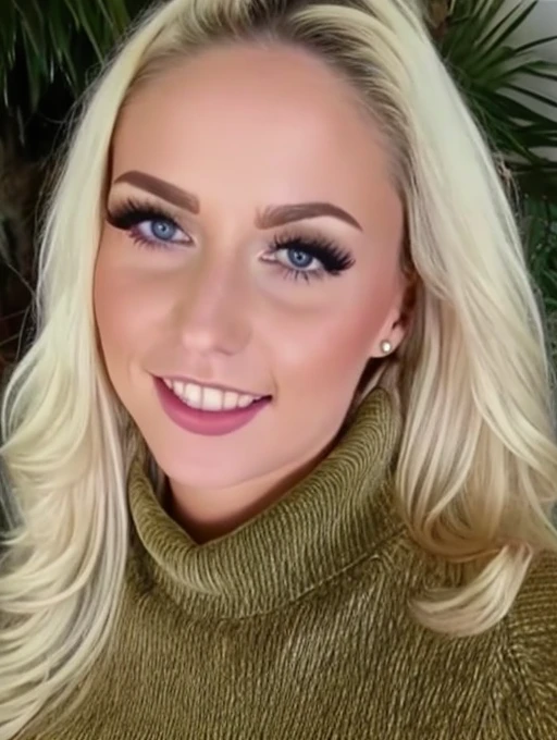 full body photography of 24 years old lucyc24 wears a warm sweater, (looks at the viewer), detailed skin with pores, detailed face, detailed wavy medium long hair, background of the ocean and palm trees, sunset, sun-kissed, sunflare, masterpiece, <lora:lucyC24_v1:1>, face of lucyc24,