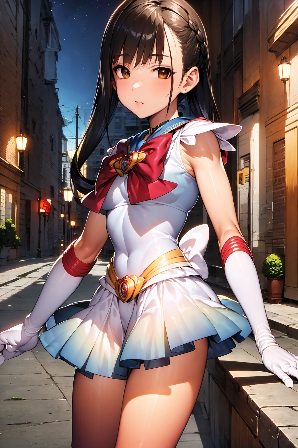 ((best quality)), ((official art)), ((masterpiece)), textile shading, ((ultra-detailed)), solo, full color, (1girl, solo, <lora:super_sailor_moon_outfit-v1:1>,bssmsuperoutfit, circlet, white leotard,,blue sailor collar, sleeveless, heart brooch, miniskirt, white gloves, hairstyle, hairlength , black hair, brown skin, detailed face), (at night, street)