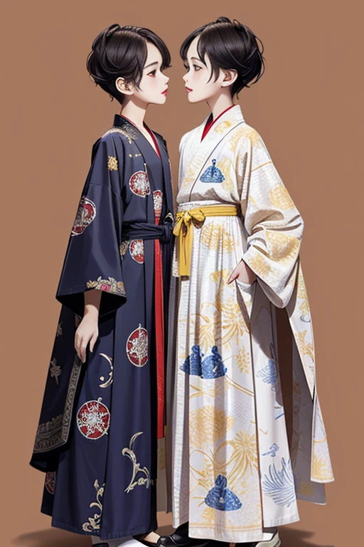 1boy, solo, short hair, big eyes, (white/red/black/blue print robe), (yellow/blue/white/red/black long print skirt), suit,formal,