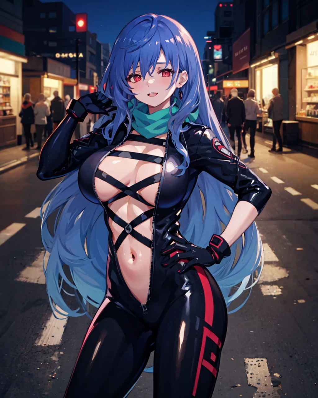 solo, 1girl, red eyes,scarf, standing,huge breasts,  <lora:LatexBikesuit:1>,latex bikesuit,cross-laced, very long hair, very long hair, navel,latex gloves, night, cityscape, cyberpunk, black gloves,, smile,skin tight, shiny, skindentation, 
hand on hip,  <lora:IrisHeart:0.72>,irisx,blue hair,