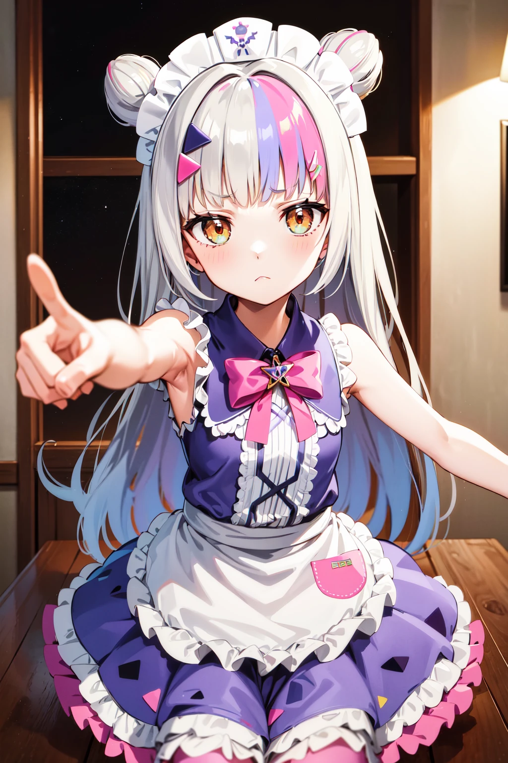 masterpiece, best quality, highres, ccshion, 1girl, long hair, double bun, hairclip, maid headdress, pink bowtie, maid, purple dress, frilled dress, sleeveless, bare shoulders, bare arms, white apron, frilled apron, asymmetrical legwear, <lora:murasaki_shion_v1:0.75>, pointing at viewer, indoors, frown