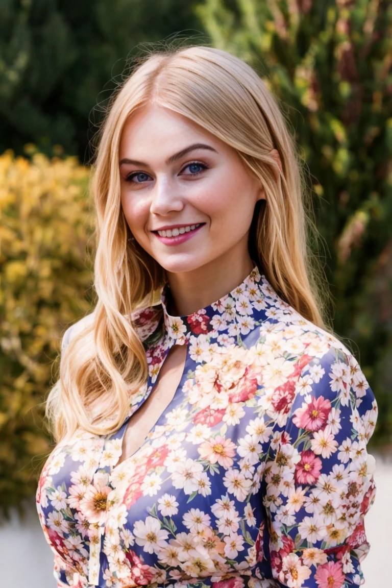 A stunning intricate full color portrait of a woman,wearing a floral high neck blouse, smiling, epic character composition,by ilya kuvshinov, alessio albi, nina masic,sharp focus, natural lighting, subsurface scattering, f2, 35mm, film grain , blonde, 28 years old <lora:NancyAce:1>