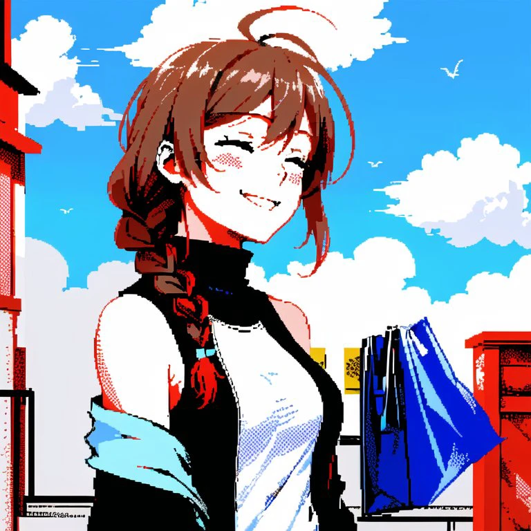 <lora:zxs:1> , zxs, limited palette, 1girl, ahoge, alternate costume, bag, black shirt, blue sky, braid, brown hair, building, closed eyes, clouds, day, dress shirt, hair flaps, hair over shoulder, layered shirt, long sleeves, off-shoulder shirt, off shoulder, outdoors, remodel \(kantai collection\), rui shi \(rayze ray\), shirt, single braid, sky, sleeveless, sleeveless shirt, smile, solo, turtleneck, upper body, white shirt