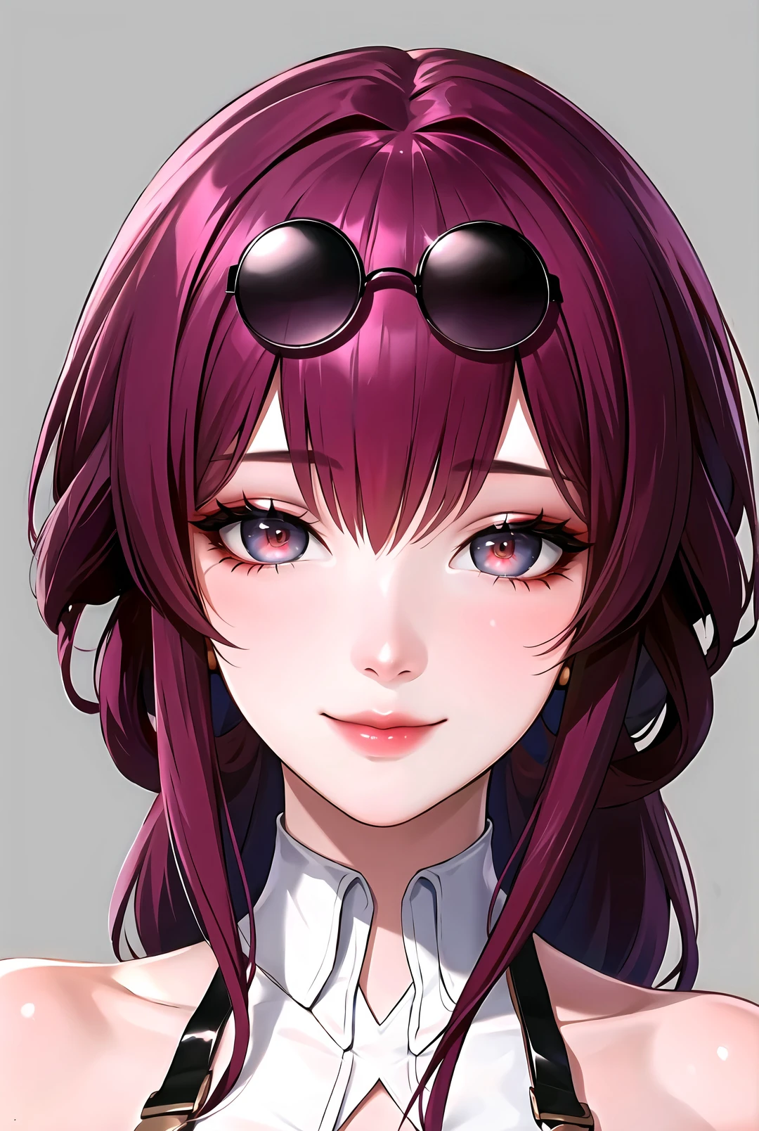 1girl, solo, eyewear on head, looking at viewer, long hair, grey background, purple hair, closed mouth, smile, red hair, bangs, portrait, glasses,star-kafka,(shiny skin),(mature female:1.2),<lora:kafka-v2-naivae-final-6ep:0.7>