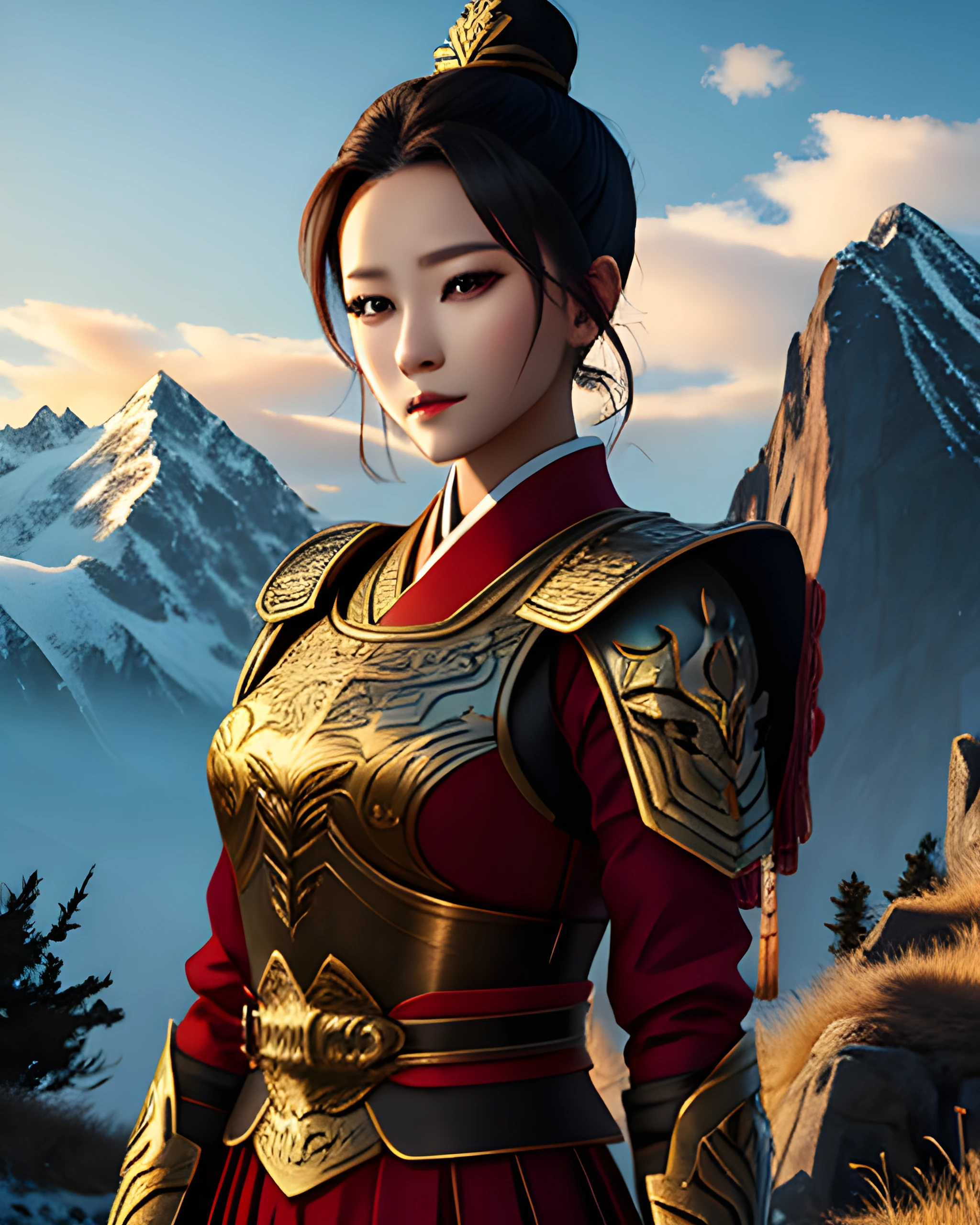 woman wearing chinagen, portrait, action pose, updo, greenery, mountain range background, extremely detailed clothing, featured on pixiv, masterpiece, highest quality, 8k,