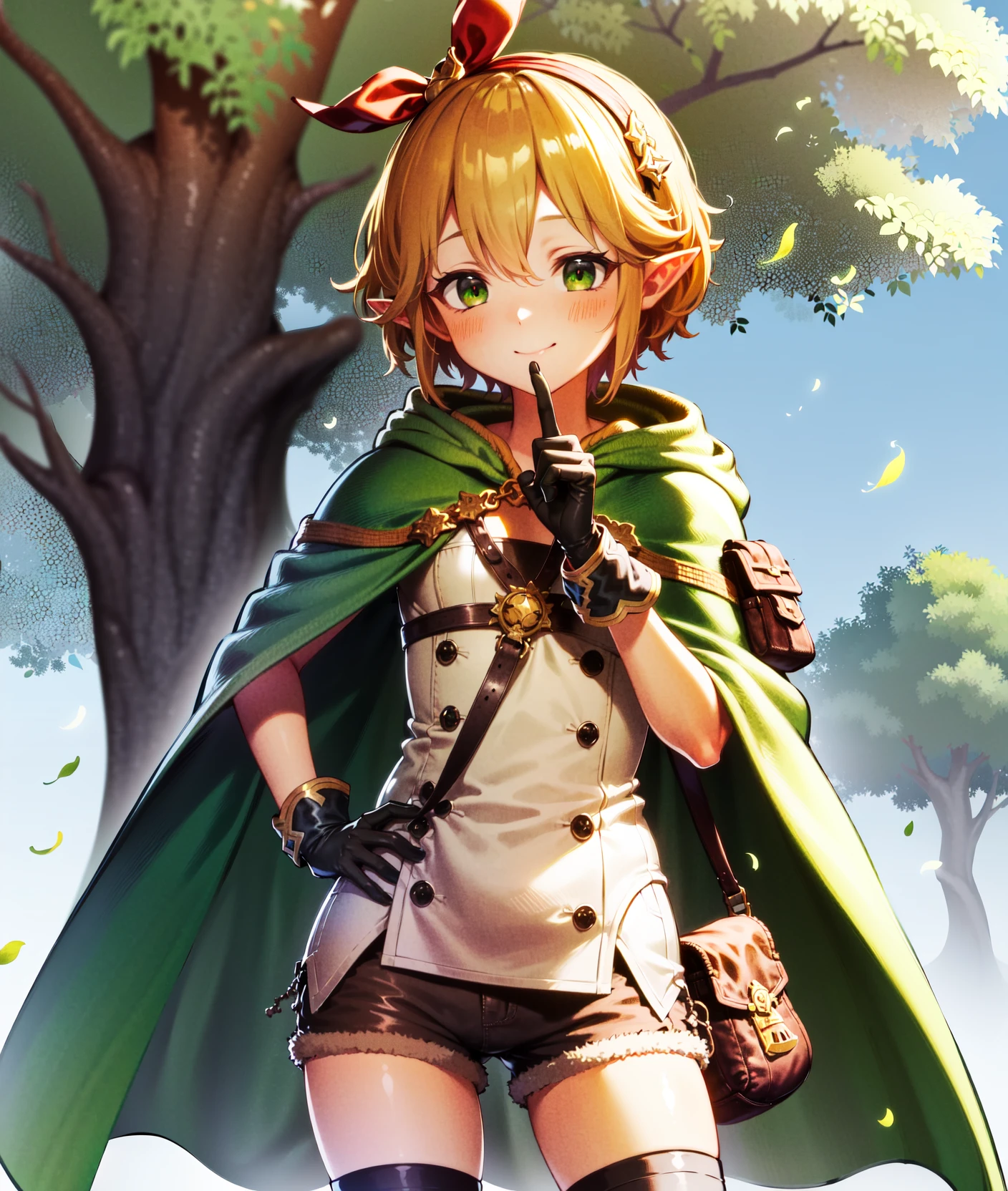 <lora:Liza2:1.0>, (best quality, masterpiece, highres:1.4), high quality, ((A beautiful portrait of a girl standing against the base of a big tree)) ,((the tree takes up most of the background, )) leaning, (she is leaning back against the base of a huge tree, her back is rest against a large:1.3) (tree, large tree,:1.4)  ((she is playfully shushing the viewer with one hand while the other hand is on her hip)),  (shushing, finger to mouth, index finger raised,:1.4) she has beautiful clear eyes,  1girl, ((solo))
one eye closed, ;\), 
((1girl, green eyes, thighhighs,  gloves,  short hair, bag, cape,  ((shorts)), hood, pouch, blonde hair, hair ornament, brown thighhighs, cloak, hood down, looking at viewer, flower, hairband, fantasy, satchel, hair flower,  brown gloves, [[boots]], hair between eyes, hooded cloak,  brown hair, green cape,  light rays, hair ribbon,  ribbon, long sleeves, pointy ears,  bow, belt, sunbeam,  hair bow,  bangs, short shorts,  light particles,  brown shorts,  capelet, black shorts, belt pouch, black gloves, red hairband, shoulder bag, shirt, backpack, flat chest,  [[thigh boots]],  green capelet,   red ribbon, hooded cape, sidelocks, cravat))
light smile, zettai ryouiki,
,cygames, official art, granblue fantasy, shadowverse, fantasy,   ((skindentation)), cowboy shot,  straight-on, center composition, ((  contrapposto , hand on hip, ))