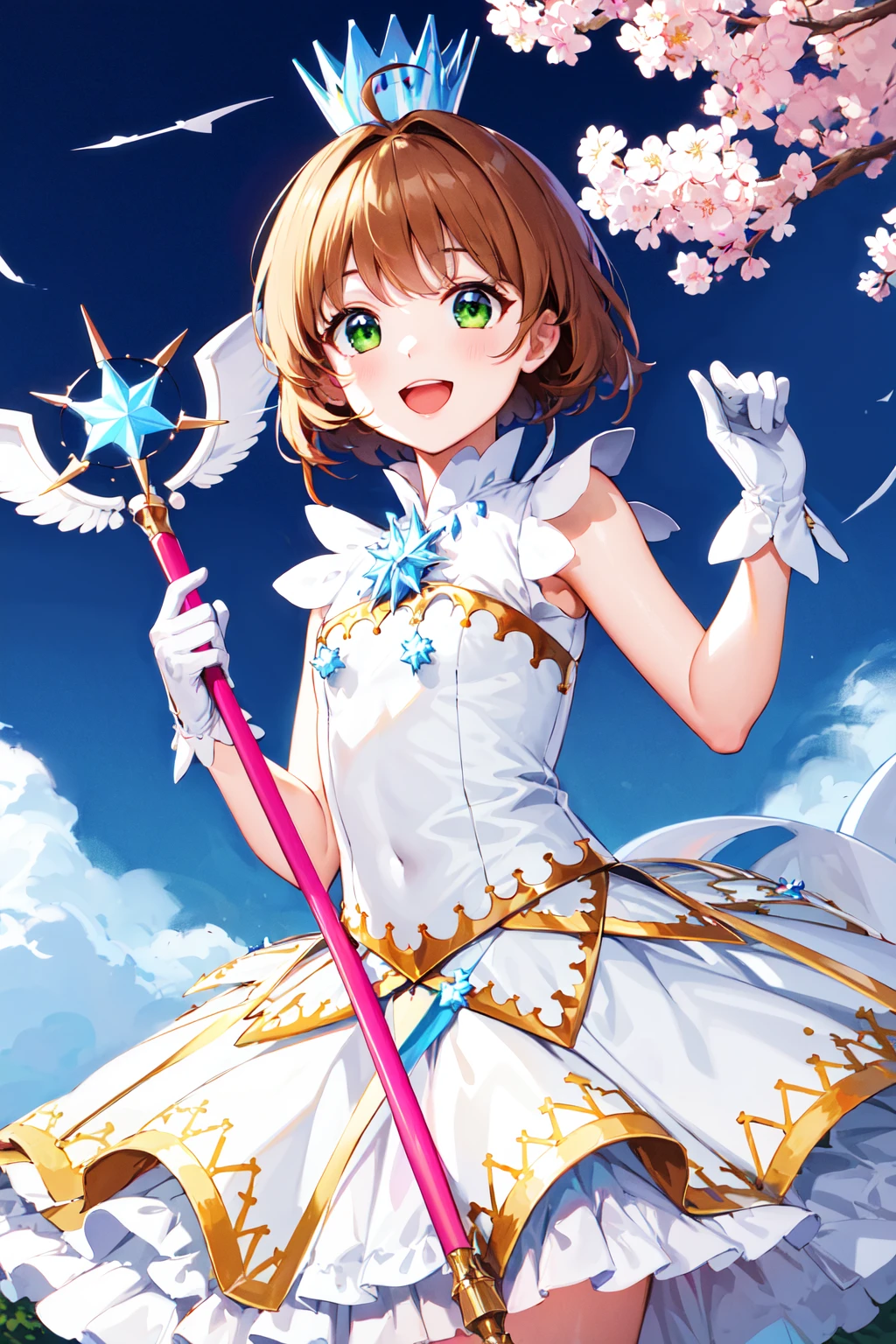 masterpiece, best quality, highres, kinomoto sakura, 1girl, brown hair, short hair, antenna hair, ahoge, crown, green eyes, white dress, sleeveless, white gloves,<lora:kinomoto_sakura_v1:0.7>, holding staff, smile, open mouth, cowboy shot, blue sky,