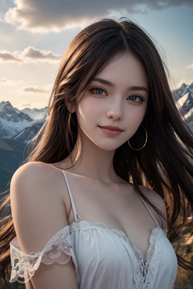 high quality, detailed fingers,masterpiece, detailed eyes,(realistic, photo-realistic:1.2) ,<lyco:GoodHands-beta2:1>,unity 8k wallpaper, Cowboy Shot, glowing eyes, (beautiful, aesthetic, perfect, delicate, intricate:1.2),(absurdres, highres, ultra detailed),best quality, masterpiece,Dark hair, dark eyes, upper body, sun flare, outdoors, mountain, valley, sky. clouds, smiling,