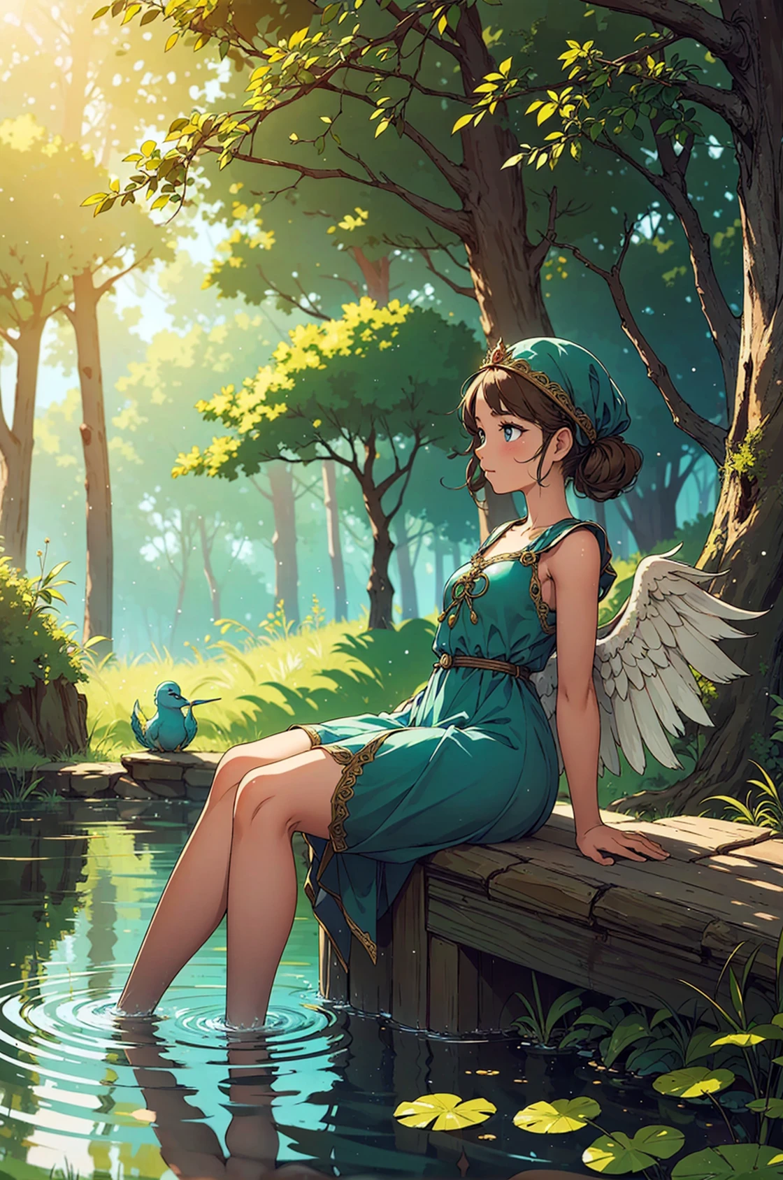 (best quality:1.1),original,1girl,medieval fantasy,cherub,child,pond,sitting,in water,looking away,forest,alone,cinematic,sunlight,dust particles,(blurry background:1.1)