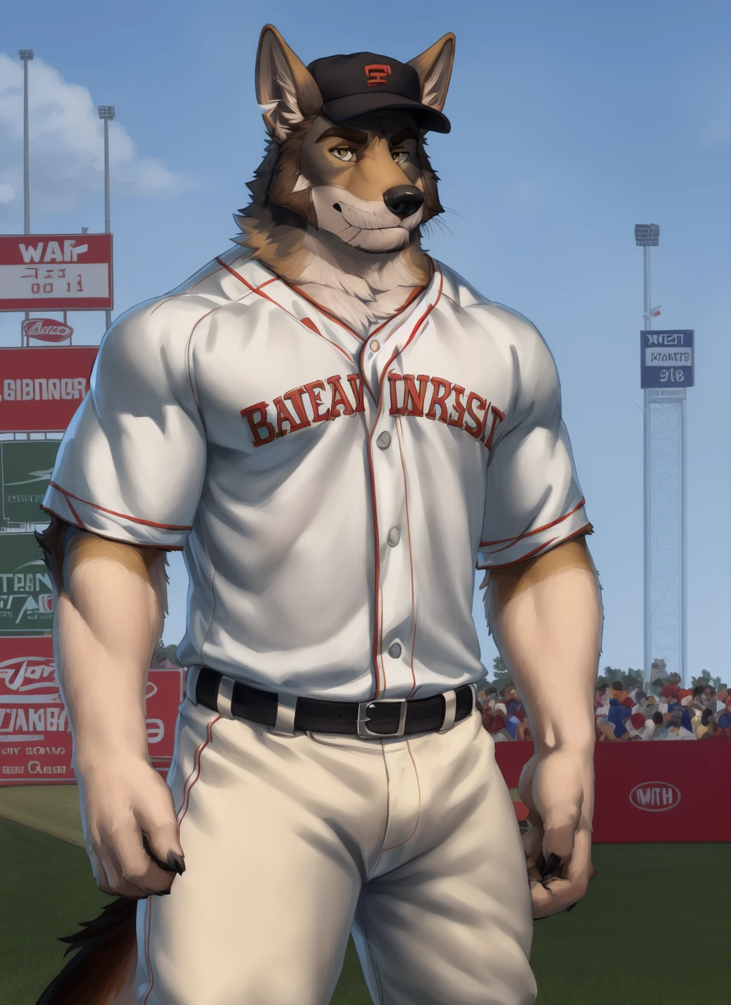 <lora:williamV2-08:1>, william adler, solo, mature male, bara, muscular male, wolf tail, yellow eyes, smile, (pose:1.3), (posing:1.3), (soft shading), 4k, hi res, ((detailed face, detailed eyes, detailed)), (full body), by zackarry911, by zaush, (by personalami:0.5), shirt, hat, male focus, belt, pants, feet out of frame, baseball cap, sportswear, baseball, baseball uniform,
