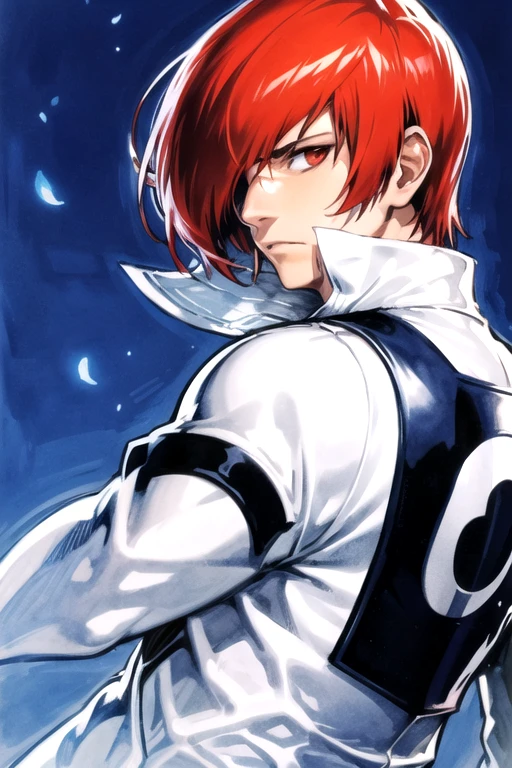 <lora:IoriYagami-09:0.75> , iorikof, solo, looking at viewer, 1boy, upper body, male focus, red hair, looking back, red eyes,  blue background, traditional media, wind, high collar, covered mouth, popped collar, crescent, hair over one eye