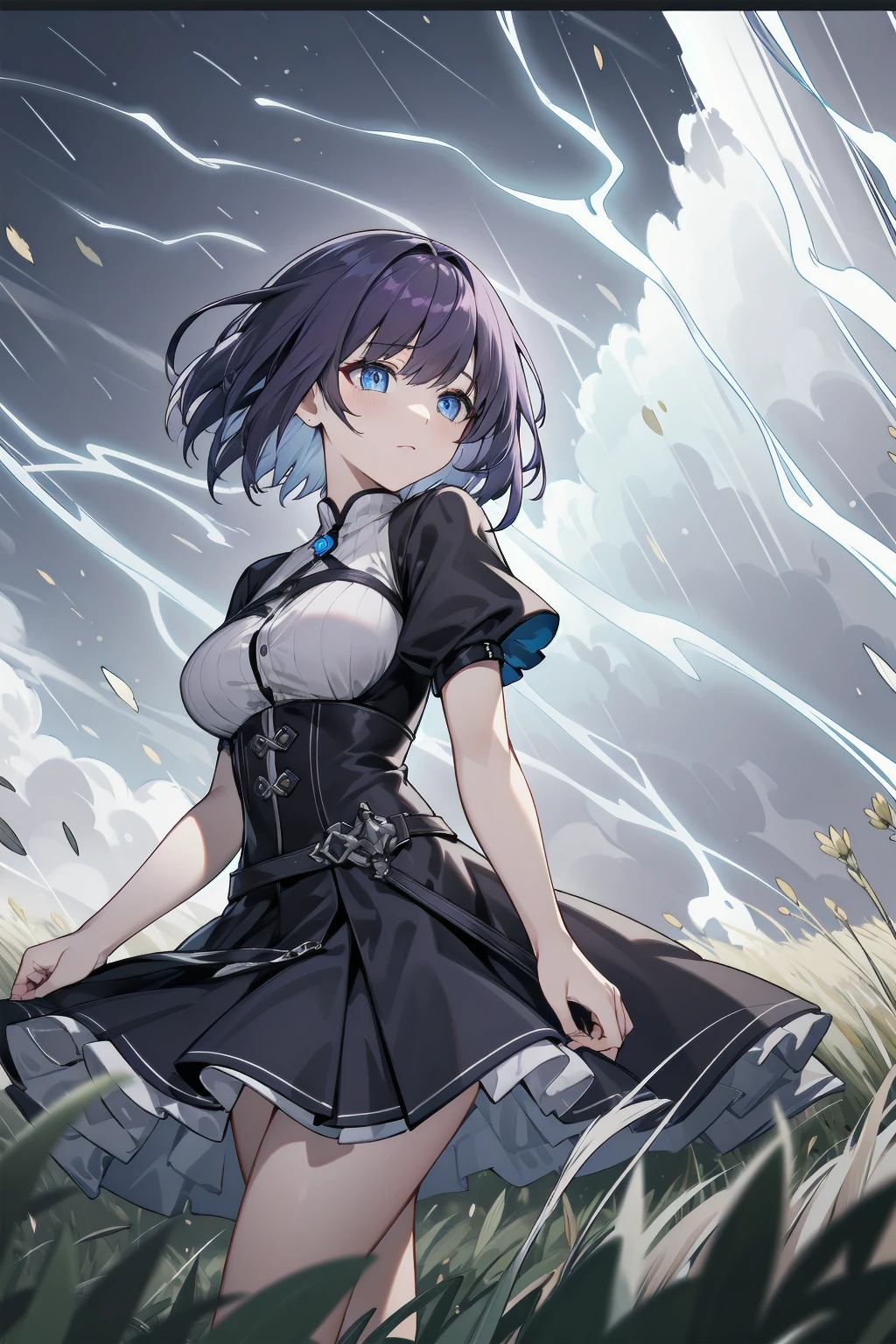 masterpiece, best quality, 
short hair, dark purple hair, blue eyes, shortstack, dress, fantasy, large breasts, petite, 
field, wind, storm, depth of field, close-up,