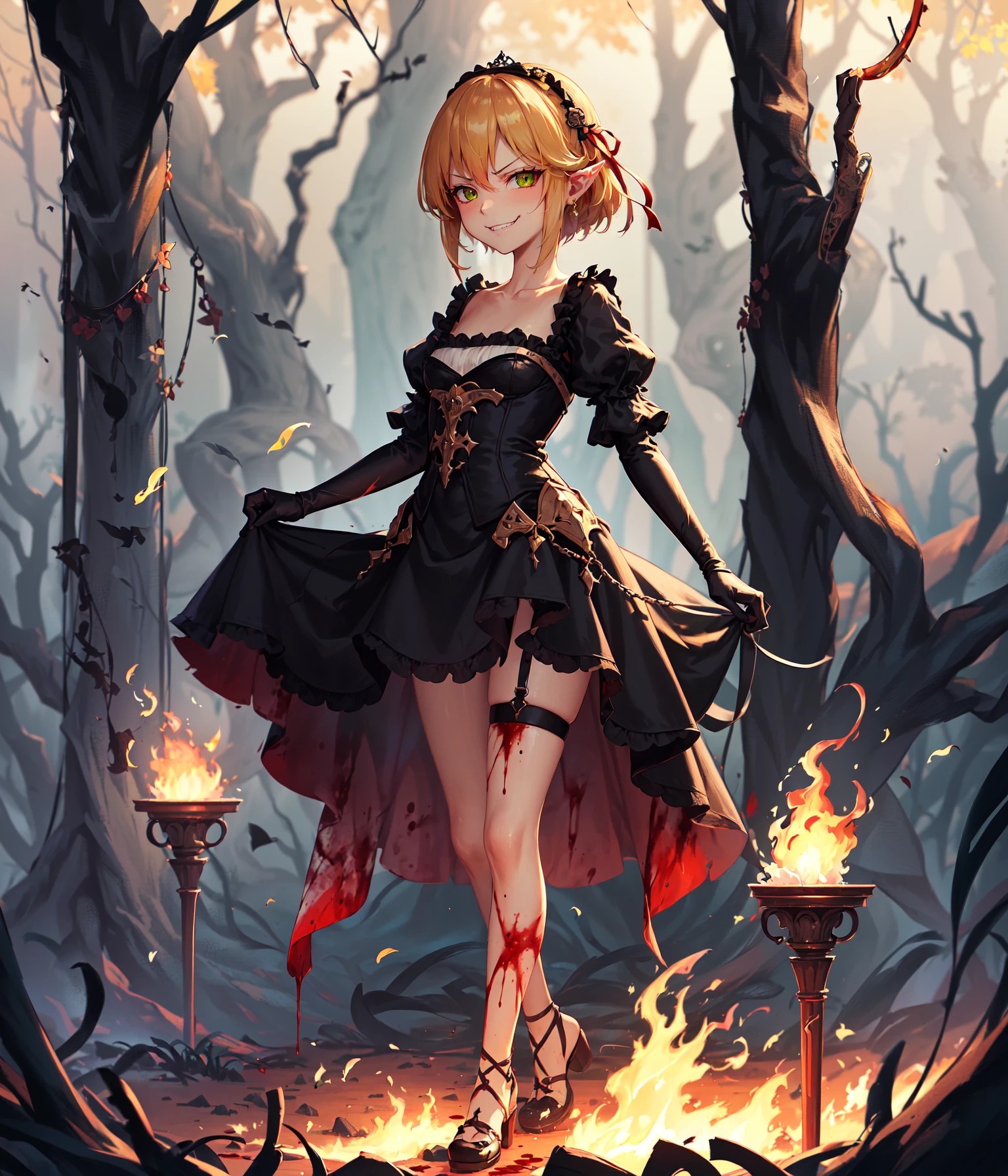 <lora:Liza2:0.8>, (best quality, masterpiece, highres:1.4), high quality, A beautiful portrait of a girl, she looks like she has just murdered someone, portrait, close-up,
(1girl, green eyes, short hair, blonde hair, fantasy, hair flower, hair between eyes, hair ribbon, pointy ears, bangs, sidelocks, ),
((crazy eyes, yandere, evil smile, cruel smile, glaring, looking at viewer, evil, wicked, sinister, ,:1.3))
,cygames, official art, granblue fantasy, shadowverse, fantasy,