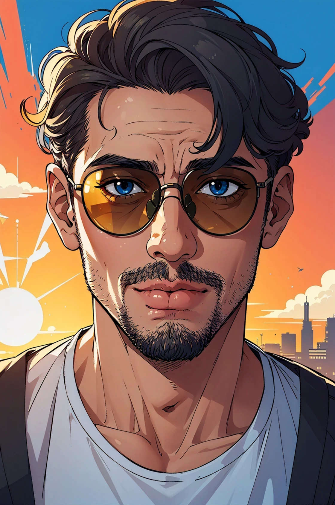 (best quality:1.1),original,1boy,sunglasses,stubble,sunlight,(abstract:1.2)