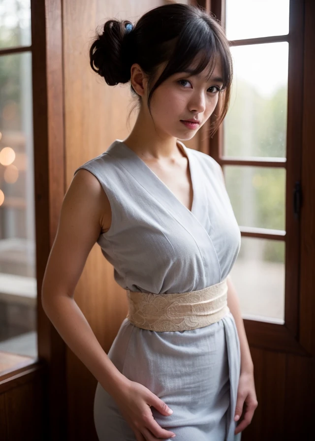 best quality, ultra high res, (photorealistic:1.4), RAW photo, (upper waist:1.4), (bokeh:1.7),(Window light only:1.6), (in bright japanese-style room:1.5),(bright:1.5) 1japanese girl, (solo), (smile:1.2,open mouth:0.7), (dark brown eyes), natural skin, (brown updo hair,bangs),standing (blue silk kimono),(obi), natural skin texture, hyperrealism, hdr, hyperdetailed, RAW photo, photorealistic, best quality, highres, realistic, 8k, caustics, dynamic light, beautiful and delicate lips, delicate fingers, detailed pupil, real human skin,