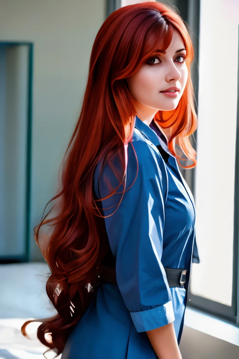 A stunning intricate full color portrait of a woman,wearing a nurse uniform, in hospital, having fun, epic character composition,by ilya kuvshinov, alessio albi, nina masic,sharp focus, natural lighting, subsurface scattering, f2, 35mm, film grain , reddish hair <lora:Natash:1>