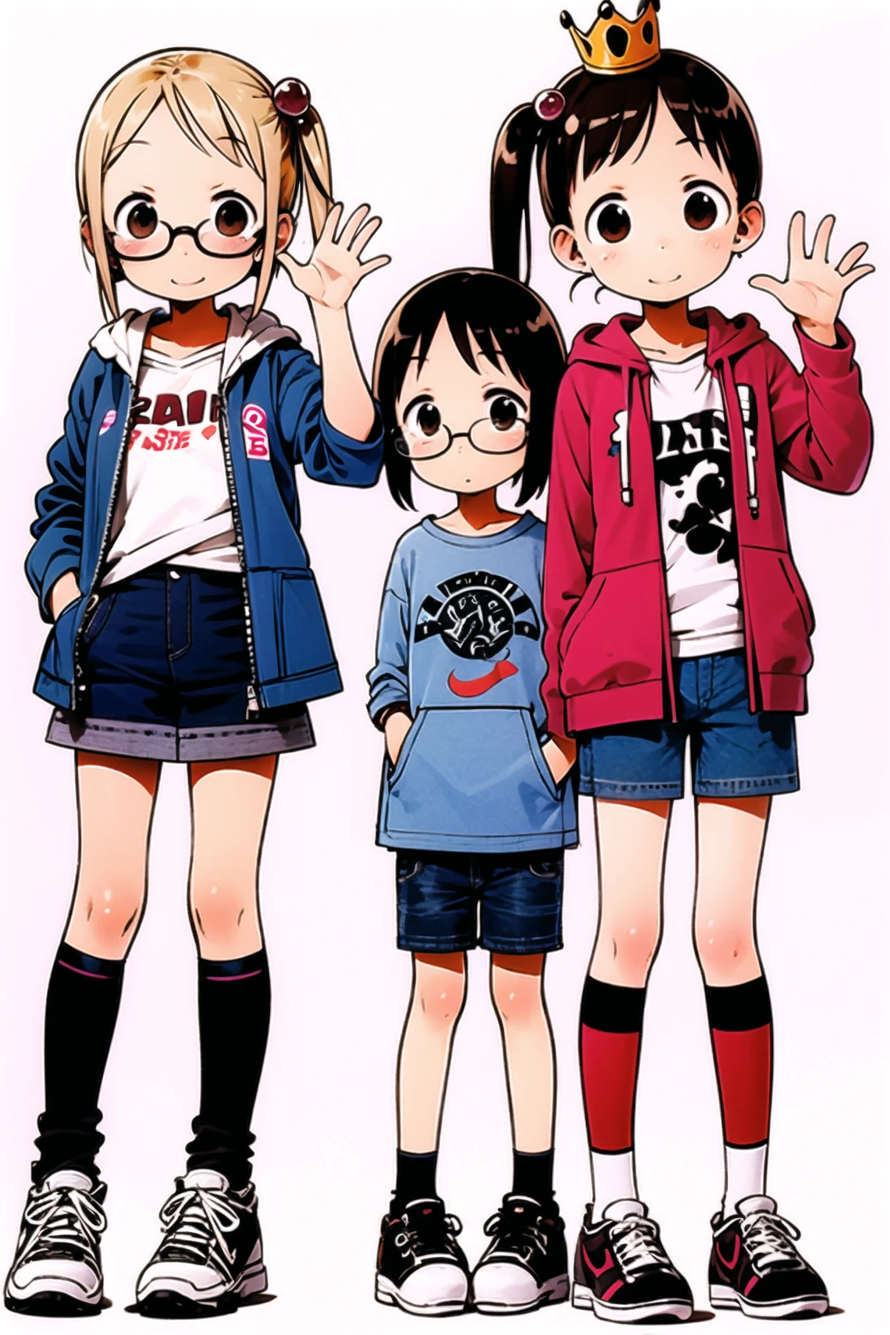 Ichigo Mashimaro,2girls, shoes, glasses, brown hair, shorts, socks, short hair, crown, smile, jacket, brown eyes, white background, hair ornament, simple background, long sleeves, standing, hood, skirt, looking at viewer, hoodie, sneakers, bow, side ponytail, hair bobbles, waving, full body, shoulder bag, blonde hair, siblings, denim, shirt, open clothes, sisters, on head, <lora:Ichigo Mashimaro:0.8>