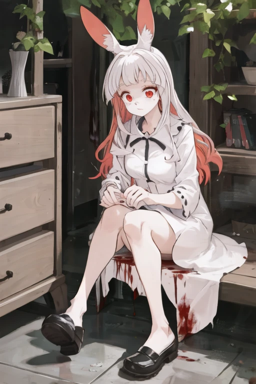 1girl, mrgrl, (portrait:1.3), dress, (blood:1.3), expressionless, forest, looking at viewer <lora:murder_rabbit_girl-000004:1>