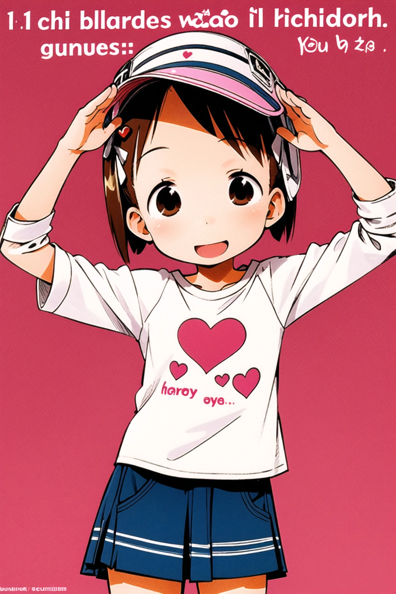 Ichigo Mashimaro,1girl, solo, visor cap, hair bobbles, hair ornament, twintails, brown eyes, open mouth, hand on hip, skirt, smile, clothes writing, english text, brown hair, heart, child, :d, looking at viewer, salute, pink background, short hair, shirt, female child, <lora:Ichigo Mashimaro:0.8>