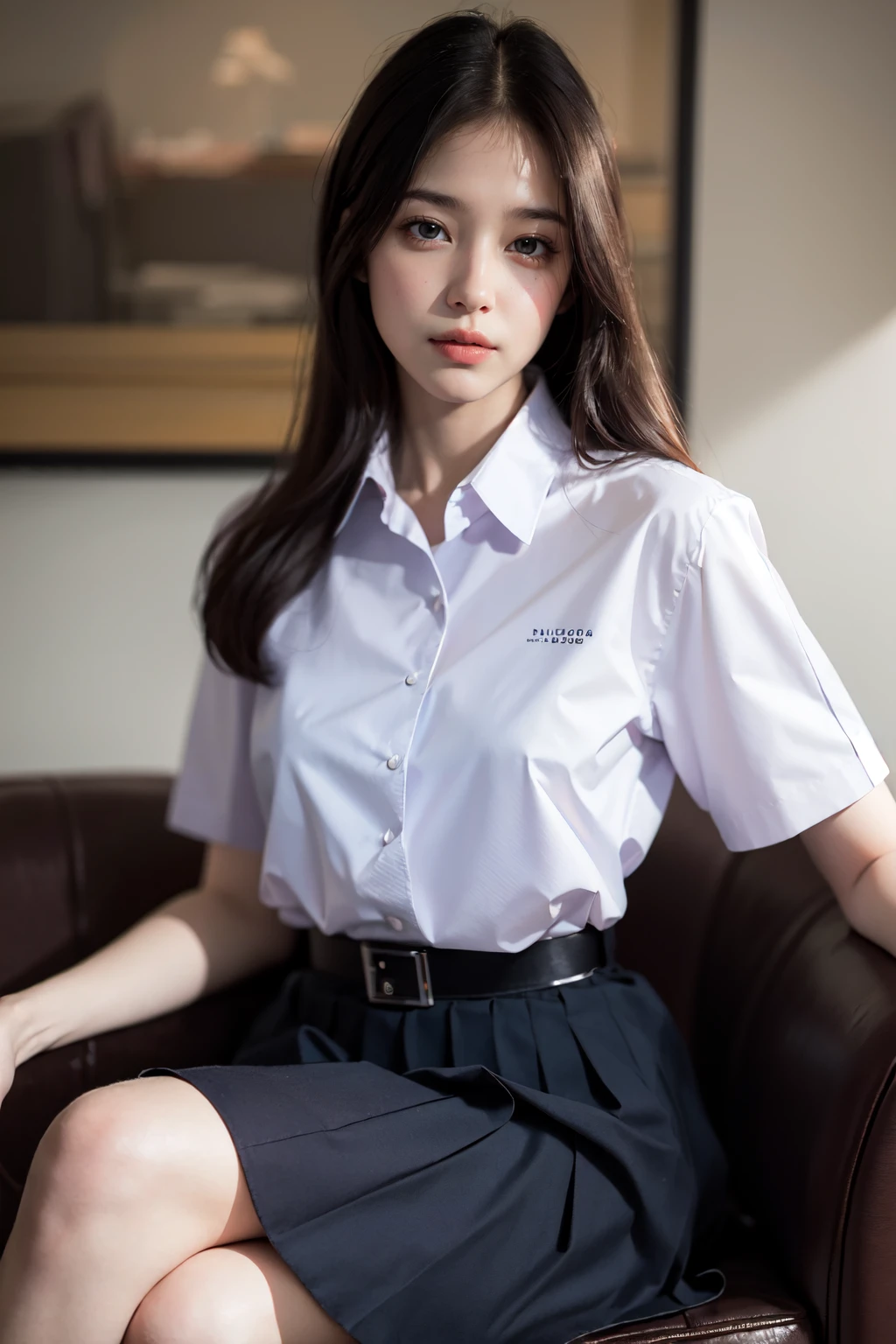 (photorealistic:1.4),Best quality, masterpiece, ultra high res, raw photo,rim  lighting,(cowboy shot),livingroom,movie poster,
1girl,(mathayom uniform),white shirt short sleeves,(black pleated long skirt:1.2),long hair,hair_floating,dramatic scene,sitting on chair
 <lora:mathayom22:0.8>