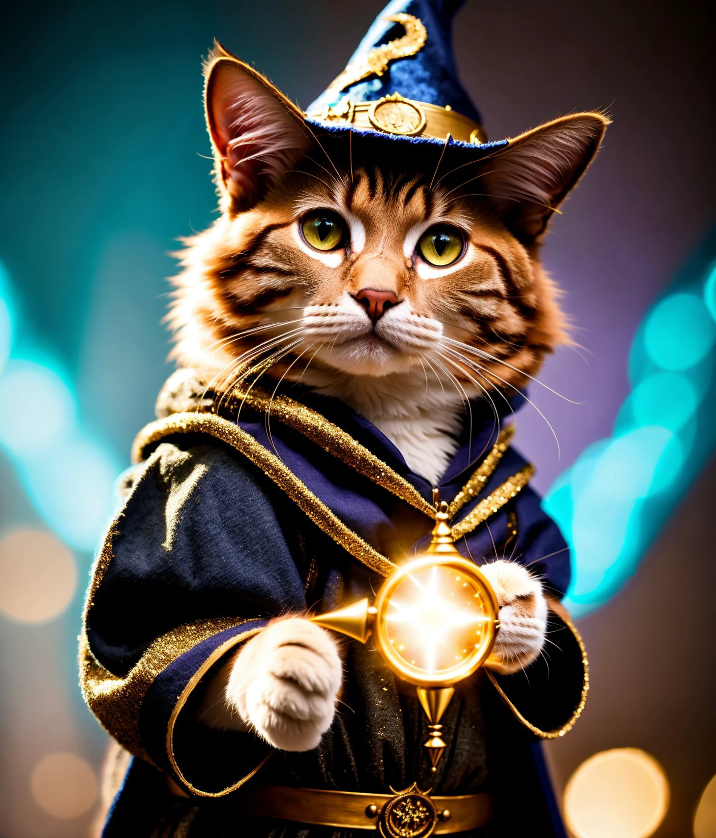 a cat, ((wizard outfit)), epic scene, dynamic camera, backlight, (close up:1.2), high quality photography, 3 point lighting, flash with softbox, 4k, Canon EOS R3, hdr, smooth, sharp focus, high resolution, award winning photo, 80mm, f2.8, bokeh