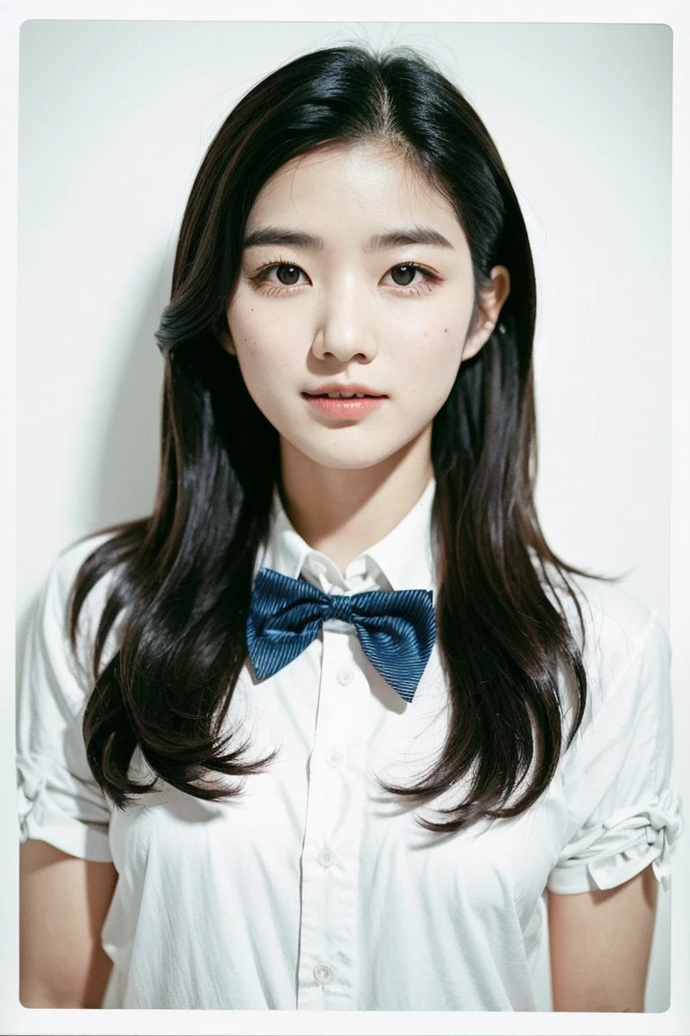 Photo of a Beautiful Korean kpop idol Woman, [Cozy|Floating] Fitbit, Fangs, Bowtie, field, Spring, film grain, Polaroid, 80mm, Plain white background